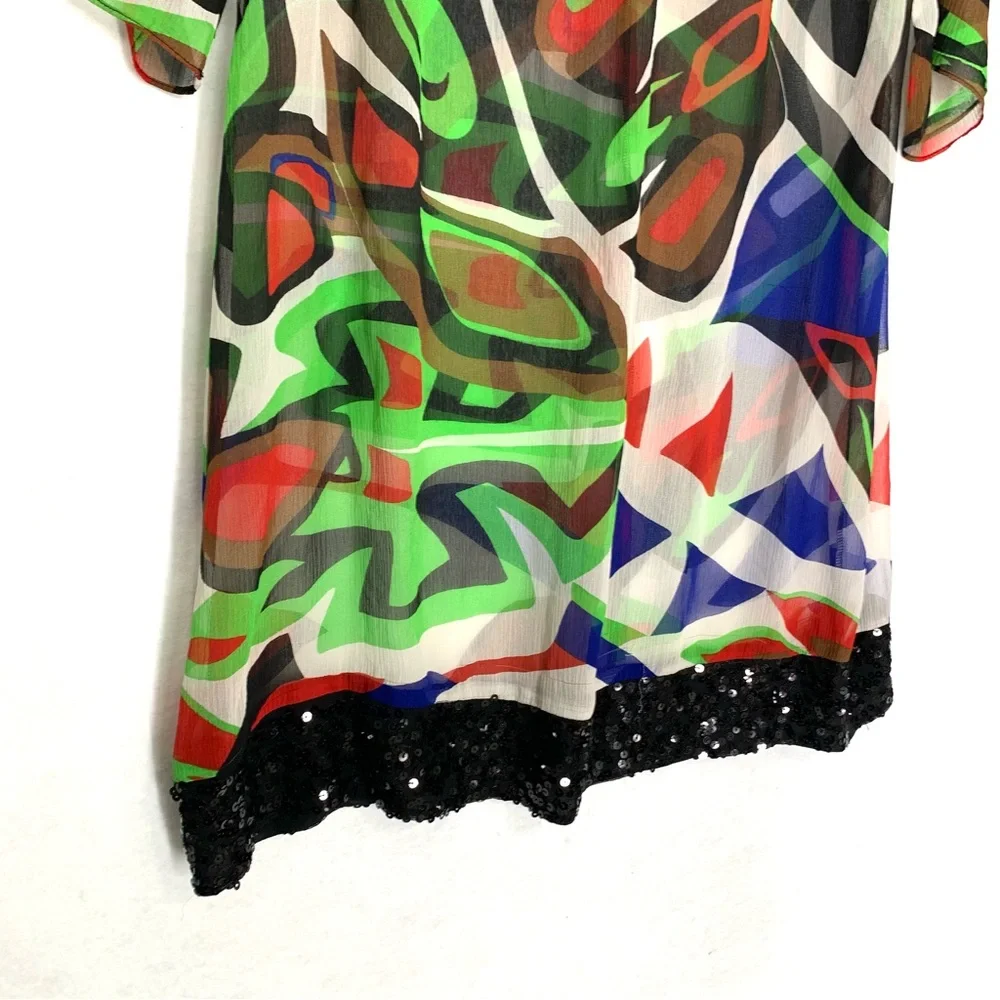 Cache Vintage Sequin Geometric Printed Sheer Silk Dress Size Small